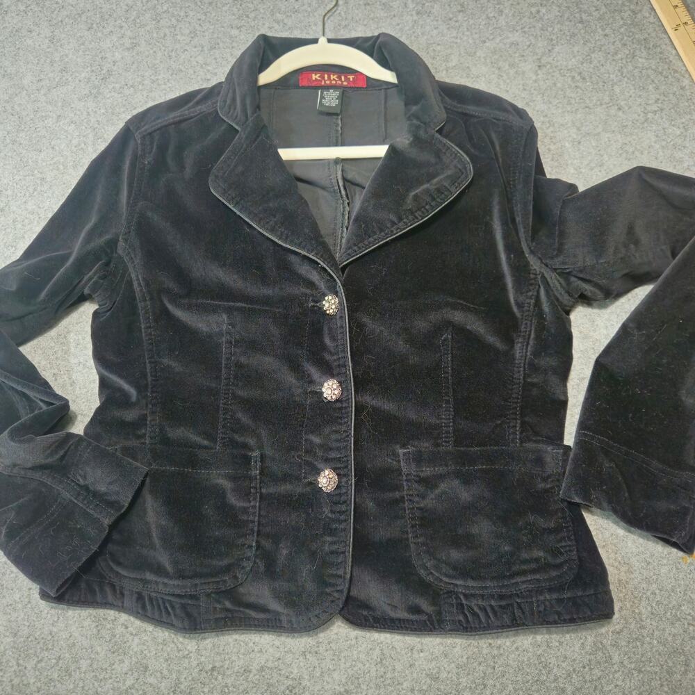 Kikit Black Velveteen Blazer Rhinestone Button Jacket M